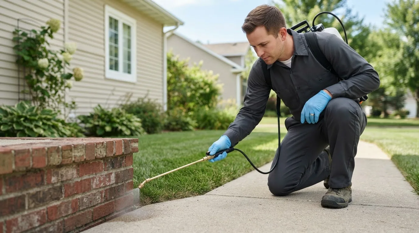 Pest control technician treating a home near International Falls, MN