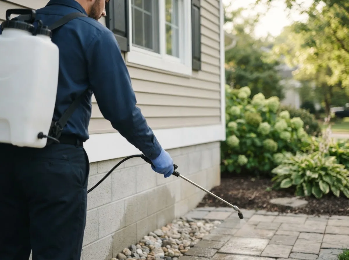 Pest control technician inspecting a home in International Falls, MN